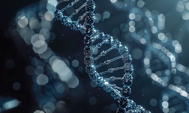 Close-up van de blauw-witte dubbele spiraal DNA-structuur op een donkere achtergrond