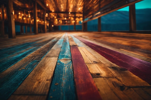 Close-up van de bovenkant van houten tafel of houten vloer textuur met houten muur achtergrond van kleurrijke houten plank concept voor reclame