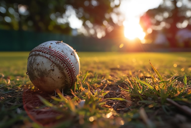 Foto close-up van de cricketbal op de grond.