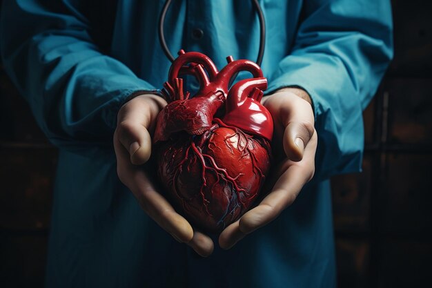 Foto close-up van de gehandschoende handen van de dokter met menselijk hart ai