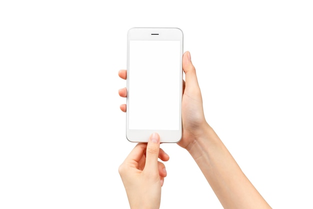 Foto close-up van de hand met de witte smartphone met leeg scherm, mock-up voor toepassing met uitknippad.