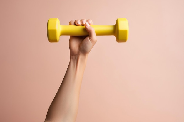 Close-up van de hand van de atletische vrouw met gele halter voor training