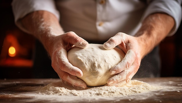 Close-up van de hand van de bakker die meel kneedt