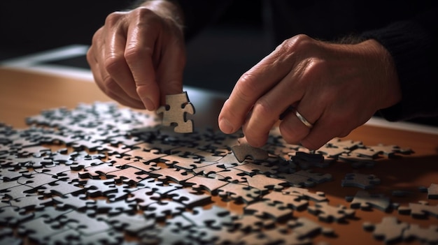 Foto close-up van de hand van de vrouw die puzzelstukjes verbindt bij tablegeneratieve ai