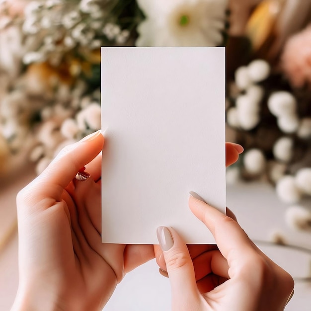 Foto close-up van de hand van de vrouw met blanco papieren kaart wenskaart mock