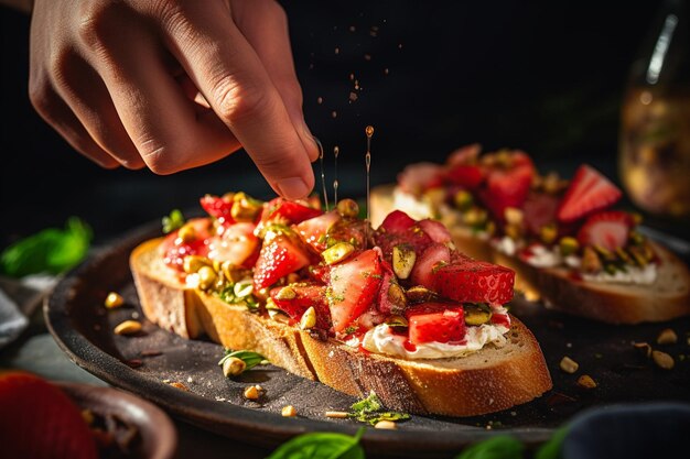 Close-up van de hand van een man die gehakte pistachenoten over ricotta en honing bruschetta strooit