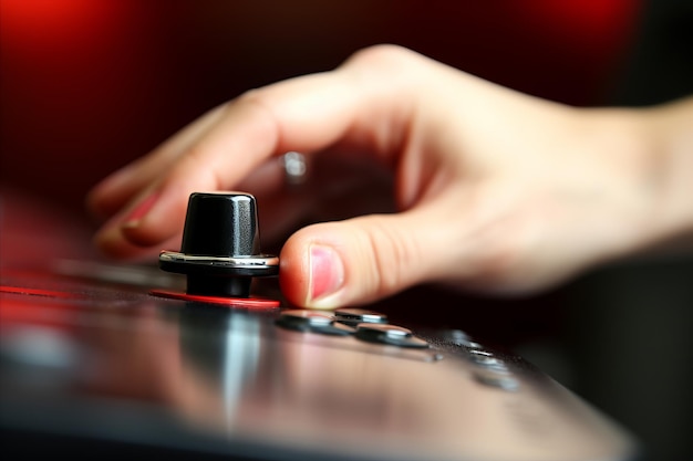 Foto close-up van de hand van een vrouw die een joystick gebruikt om computerspellen te spelen met ruimte voor tekst of logo's