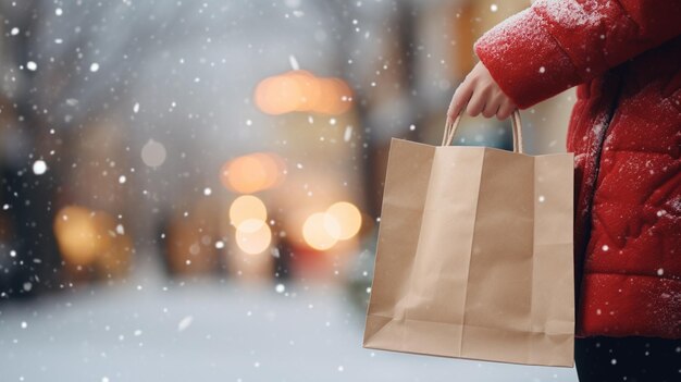 Close-up van de hand van een vrouw die handwerkzakken vasthoudt op een besneeuwde winterstraat Kerstinkopen sjabloon Generatieve AI