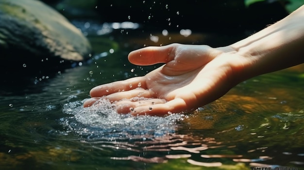 Close-up van de hand van een vrouw die reikt naar de watergenererende AI