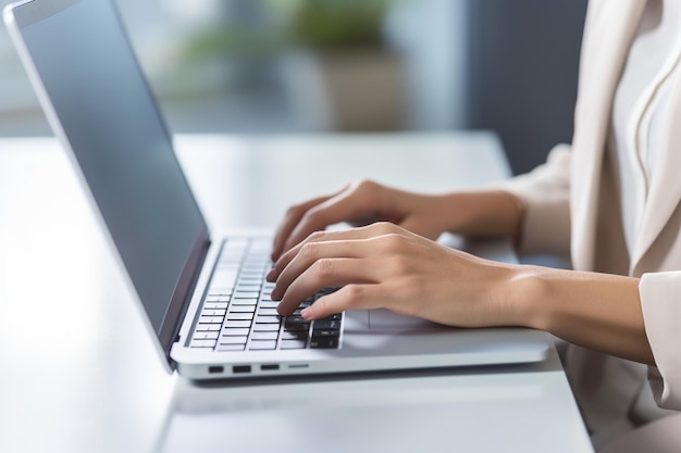 Close-up van de hand van een zakenvrouw die toetsenbordlaptopcomputer typt op het bureau