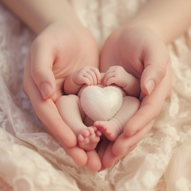 Close-up van de handen van de moeder die een schattige kleine baby in hartvorm vasthoudt