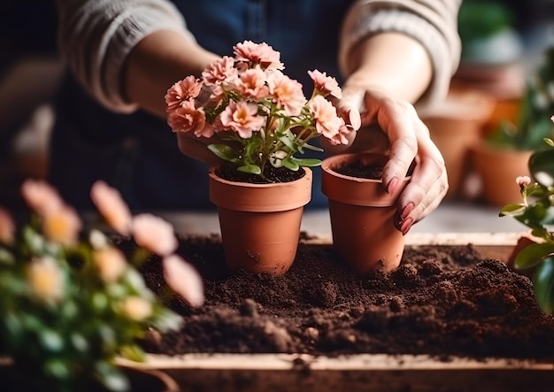 Close-up van de handen van de vrouw planten bloemen in pot bij zonlicht in haar eigen tuin helpen met een troffel Tuinman vrouw planten bloemen in de tuin op zonnige ochtend