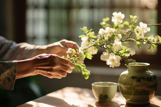 Close-up van de handen van een bejaarde Japanse vrouw die een kleine ikebana-bloem in een keramische vaas rangschikt