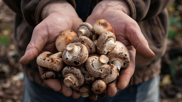 Close-up van de handen van een boer met verse paddenstoelen gegenereerd door kunstmatige intelligentie