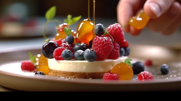 Close-up van de handen van een chef-kok die nauwgezet een gastronomisch dessert met precisie regelt