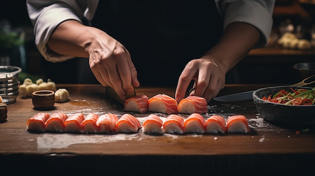 Close-up van de handen van een chef-kok die sushi en broodjes bereidt in de keuken van een restaurant AI Generatieve AI