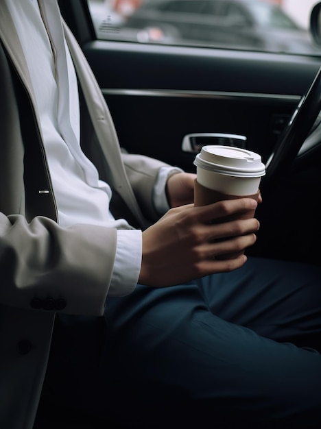 Close-up van de handen van een man die koffie vasthouden in een auto met uitzicht op de stad