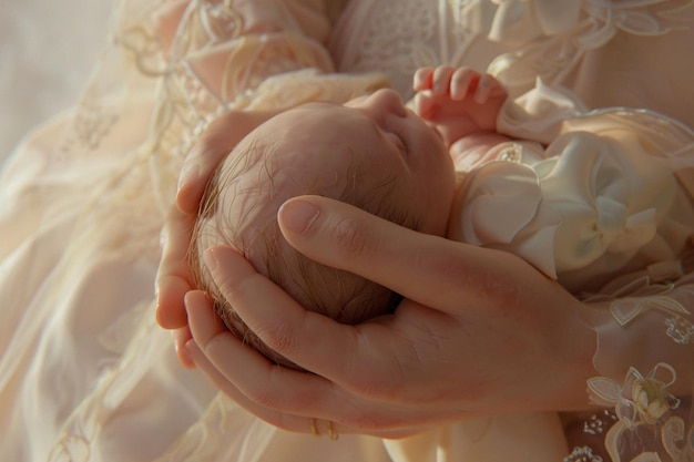 Close-up van de handen van een moeder die een pasgeboren baby vasthoudt