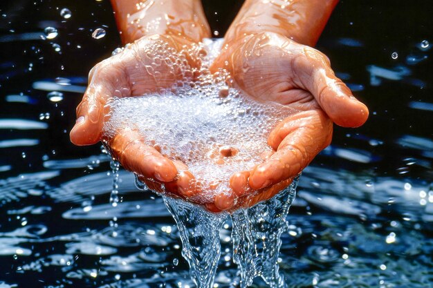 Close-up van de handen van een persoon die zorgvuldig worden gereinigd met zeep en water om de essentie van persoonlijke hygiëne en zorg vast te leggen