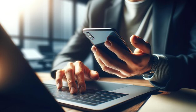 Close-up van de handen van een zakenman met behulp van een smartphone over een laptop toetsenbord in een moderne kantooromgeving met blauwe verlichting