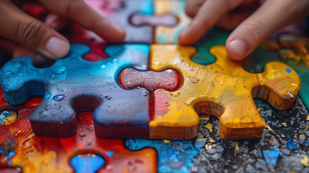 Close-up van de handen van kinderen die met kleurrijke puzzels spelen
