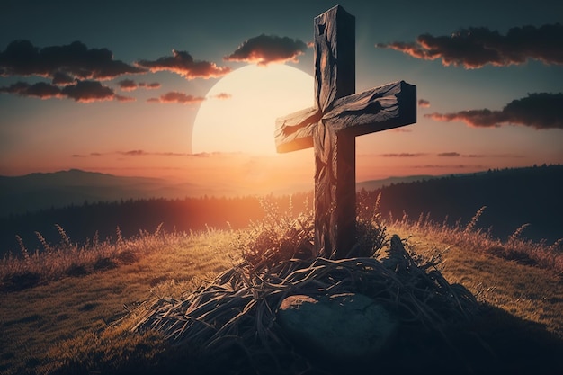 Close-up van de heilige geloofsbelijdenis en religie symbool bij zonsopgang of zonsondergang Houten kruis op de achtergrond van de zon op de heuvel Generatieve ai illustratie