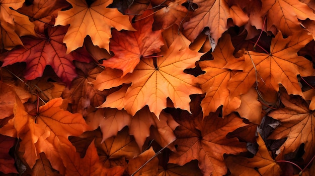 close-up van de herfst gele gouden dikke deken van gevallen droge esdoornbladeren op de grond Generatieve AI