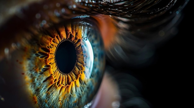 Close-up van de iris van het oog op zwarte achtergrond macrofotografie