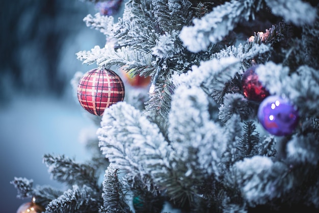 Close-up van de kerstboom in de sneeuw
