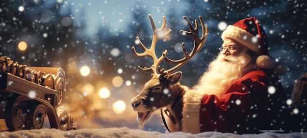 close-up van de kerstman met slee en rendieren in de sneeuw met sneeuwvlokken bokeh verlicht door de zon