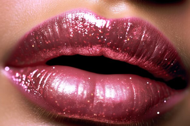 Close-up van de lippen van een meisje met lippenstift en glitter Generatieve AI