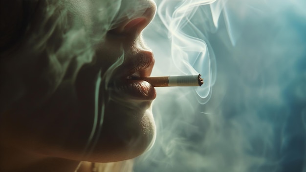 Close-up van de lippen van een persoon met een aangestoken sigaret omringd door rook