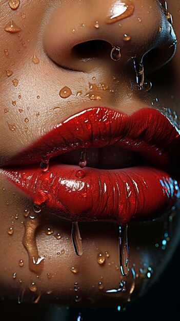 Foto close-up van de lippen van een vrouw in close-up met een nat gezicht