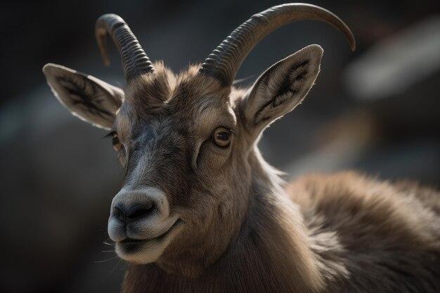 Close-up van de majestueuze steenbok met zijn scherpe hoorns en harige gezicht in zicht