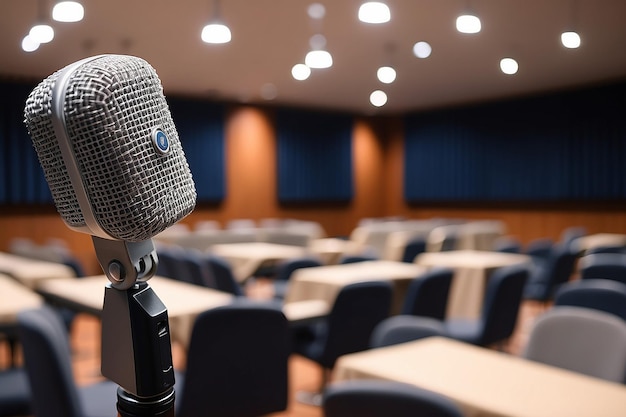 Close-up van de microfoon op abstract vervaagde spraak in de seminariezaal of het spreken van de conferentiezaal licht Event achtergrond