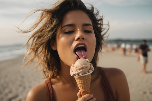 Close-up van de mond van een vrouw die haar tong uitsteekt terwijl ze chocolade-ijs likt op het strand