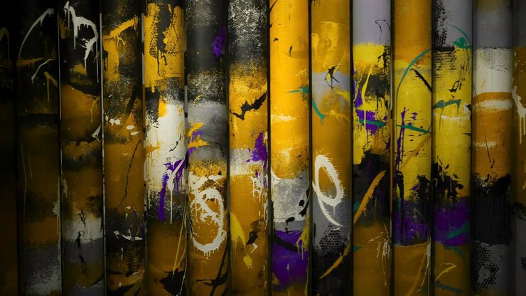 Foto close-up van de prachtige veelkleurige schilderijen die op de rollen in het museum van moderne kunst draaien