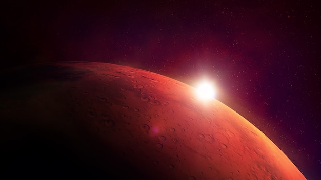 Close-up van de rode planeet Mars en schittering van de zon