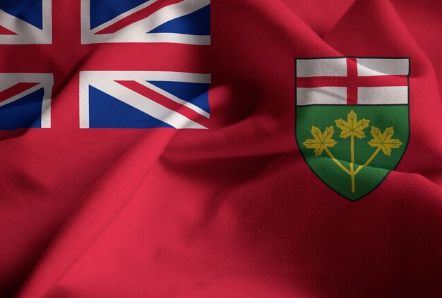Close-up van de Ruffled vlag van Ontario, Ontario vlag waait in de wind