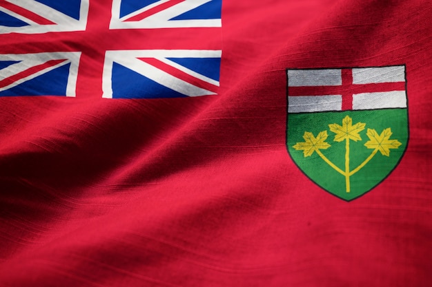 Close-up van de Ruffled vlag van Ontario, Ontario vlag waait in de wind