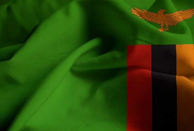 Close-up van de Ruffled Vlag van Zambia, Vlag die van Zambia in Wind blaast