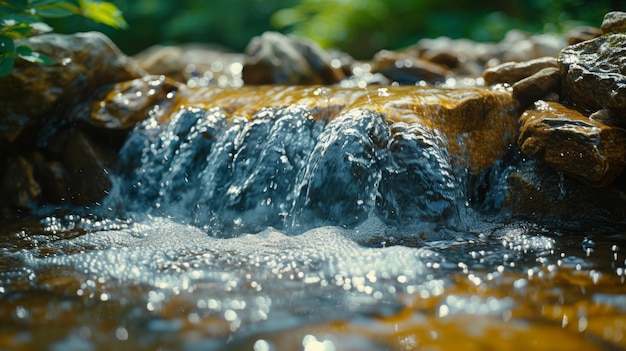 Foto close-up van de steeds veranderende texturen in een borrelende beek terwijl het water over rotsachtige obstakels danst