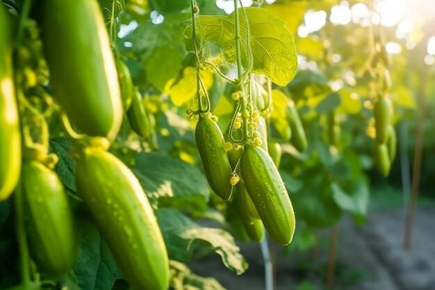 Close-up van de teelt van verse groene biologische komkommers