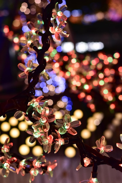 Foto close-up van de verlichte kerstboom 's nachts