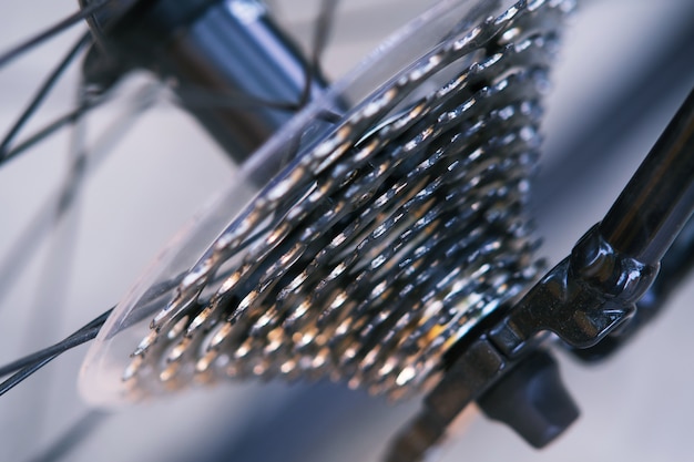 Close-up van de versnellingsset van de fiets, achterfietscassette
