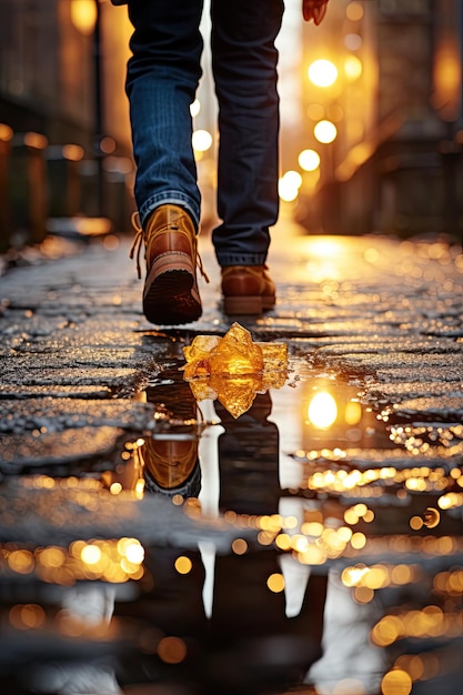 Close-up van de voeten persoon in leren laarzen weerspiegeld in een plas op een geplaveide straat