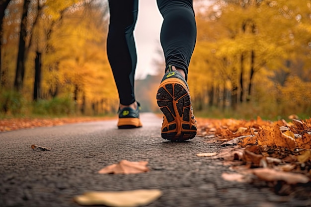 Close-up van de voeten van een hardloper die in de herfst loopt, training voor marathon en fitness Ai generatief