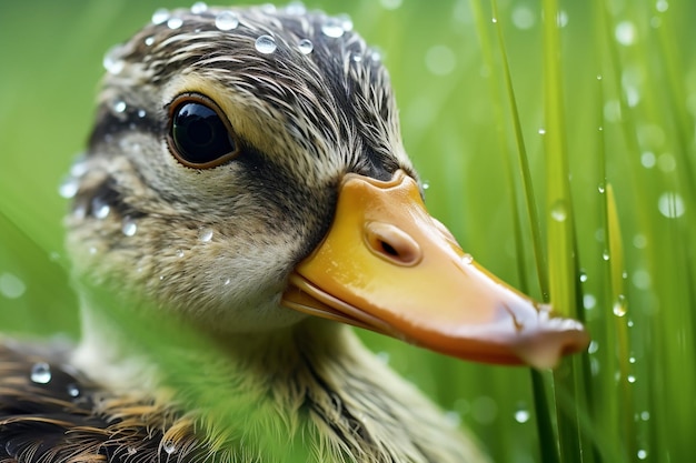 Foto close-up van de weerspiegeling van eenden in een met dauw bedekte grasblad