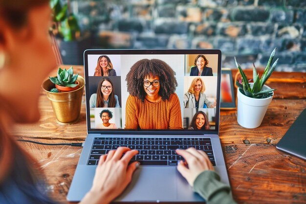 Foto close-up van deelnemers aan een virtuele bijeenkomst die feedback delen