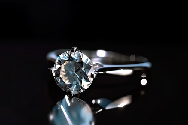 Foto close up van diamanten solitaire verlovingsring met donkere achtergrond